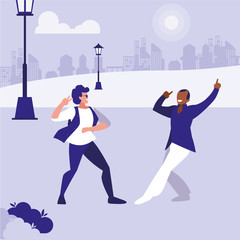 interracial dancers couple in the park