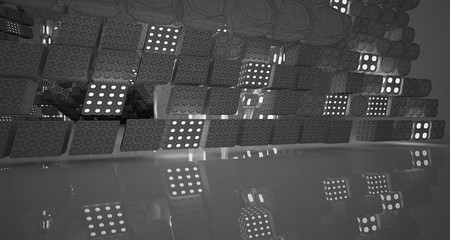 Abstract drawing white interior with neon lighting. 3D illustration and rendering.