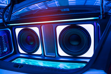  lights of stereo and speakers in car - obrazy, fototapety, plakaty