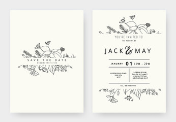 Minimalist wedding invitation card template design, floral black line art ink drawing with label on light grey - obrazy, fototapety, plakaty