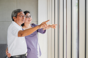 old senior Asian couple looking and pointing out of a window.