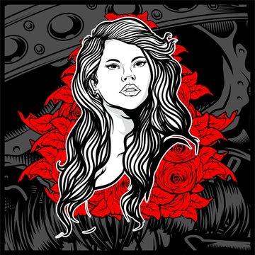 Vintage style young lady with roses - Vector