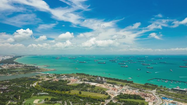 sunny day singapore city industrial bay cargo ship traffic parking aerial panorama k4 timelapse