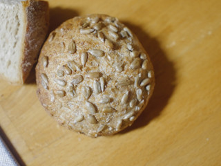 a freshly baked bun on a wooden table