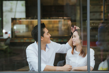 Asian couples falling in love dating laughing having fun