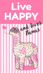 vector hand draw illustration of cute alpaca or llama on white background with pink stripes cartoon poster with lettering quote live happy loves llamas
