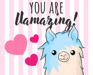 vector hand draw illustration of cute alpaca or llama on white background with pink stripes and hearts cartoon poster with lettering quote you are llamazing