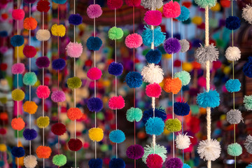 Colorful peruvian and andean handmade (handcraft) textile and woolen goods with traditional design...