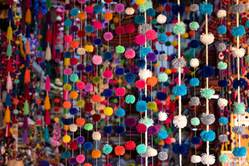 Colorful peruvian and andean handmade (handcraft) textile and woolen goods with traditional design...
