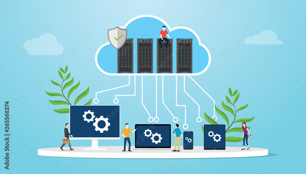 Poster cloud computing concept with database server and various media platform laptop smartphone tablet and