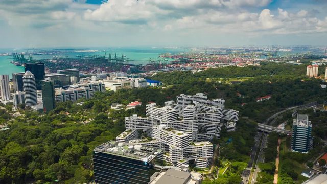 sunny day singapore city famous living complex building aerial panorama 4k timelapse