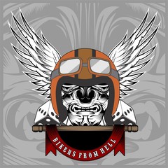 Vector illustration Vintage motorcycle skull, motorcycle engines and wing in helmet