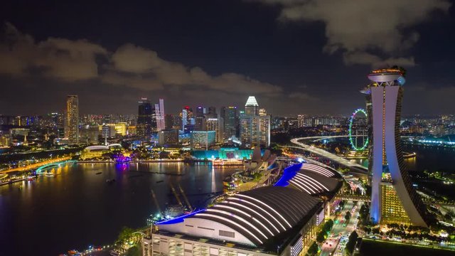night illuminated singapore city marina bay famous hotel mall aerial panorama 4k timelapse