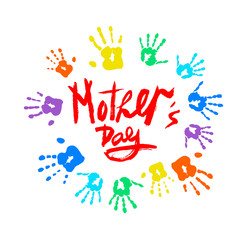 Vector Hand drawn lettering Happy Mothers Day on white background. Bright modern naive inscription for design, background, card, print, sticker, banner. Greeting card with text and decorative elements