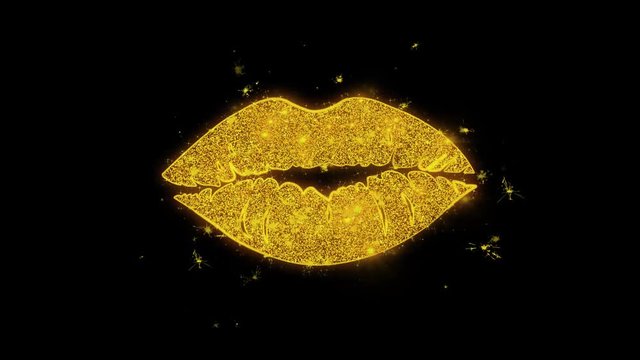 Kiss Me Lips Written with Golden Particles Sparks Fireworks Display 4K. Greeting card, Celebration, Party Invitation, calendar, Gift, Events, Message, Holiday, Wishes Festival