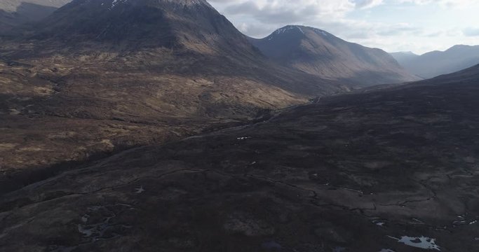 Aerial shot of late afternoon in Glen Etive, Scottish highlands.