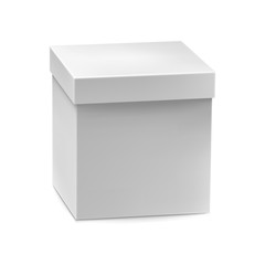 Blank packaging cardboard box mockup isolated on white background vector illustration. Realistic white box ready for product design and presentation. Template for create branding identity.