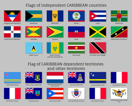 Flags of independent Caribbean countries and dependent territories. Officially recognized flags isolated on grey background. Patriotic symbols vector illustration. National and political identity.