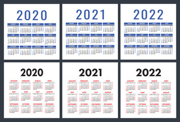 Calendar 2020, 2021, 2022 years. Pocket calender. English vector set. Week starts on Sunday. Basic grid