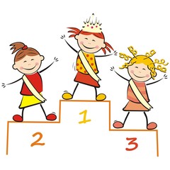 Little Miss Beauty Contest on the podium, funny vector illustration. Three girls with sash. Colored picture on white background. 