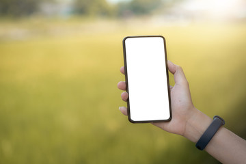 Smart farming Agricultural technology and organic agriculture Woman using smartphone in rice field - Blank screen mobile phone for graphic display montage