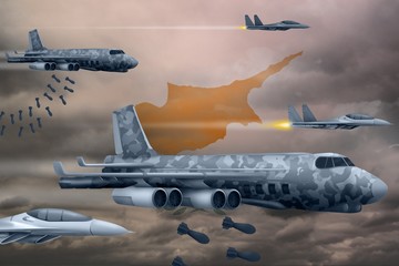 Cyprus air forces bombing strike concept. Cyprus army air planes drop bombs on flag background. 3d Illustration