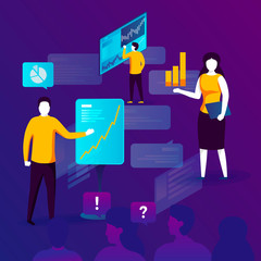 Vector concept illustration -  man with presentatio, meeting in office. Modern bright banner template with place for your text.