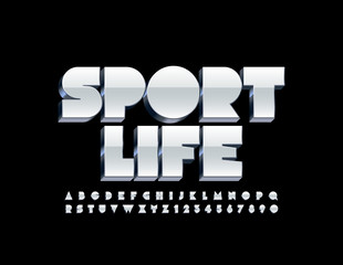 Vector metallic banner Sport Life with 3D Uppercase Font. White and Silver Alphabet Letters and Numbers