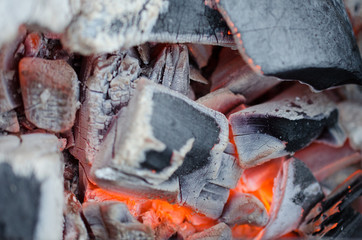 glowing decaying coal closeup