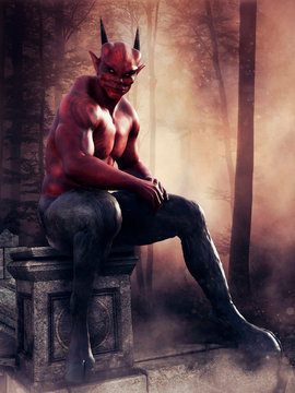 Fantasy red devil sitting on a stone in a dark forest at sunset. 3D render.