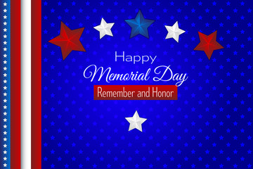 Happy Memorial Day! Remember and Honor! Lettering vector illustration on blue background with stars, Paper cut style