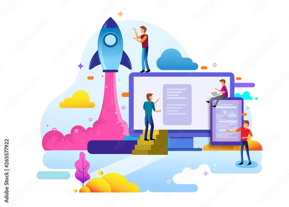 Wall mural landing page design concept of startup business, business strategy, analytics and brainstorming. vec