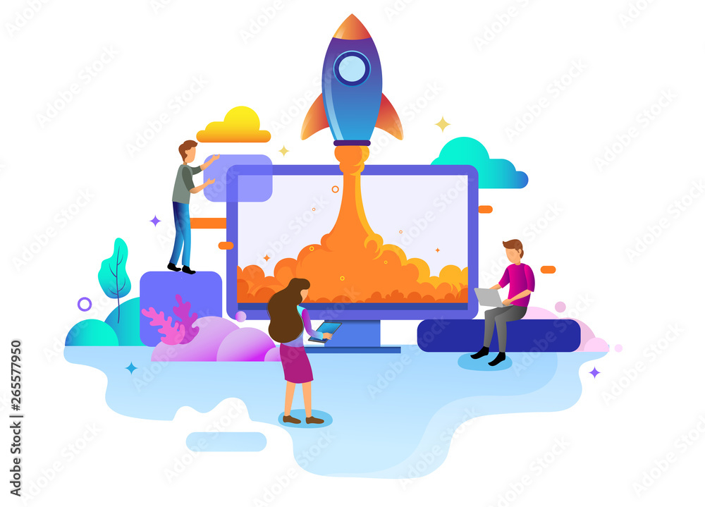 Wall mural landing page design concept of startup business, business strategy, analytics and brainstorming. vec