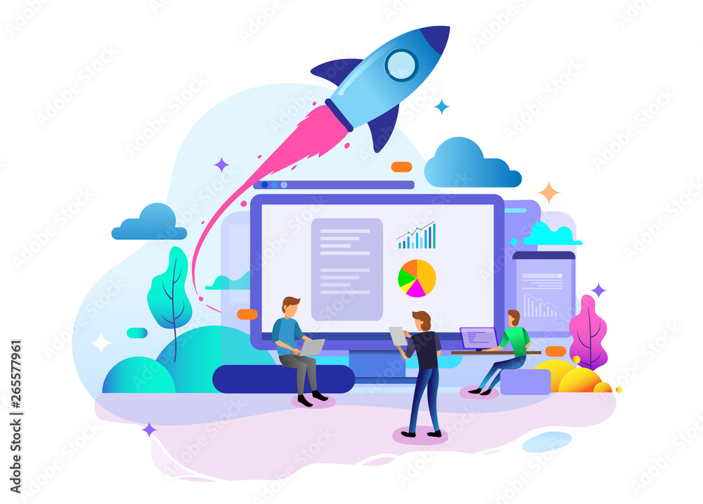Wall mural landing page design concept of startup business, business strategy, analytics and brainstorming. vec