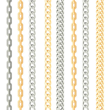 Chains Metal Vertical Seamless Pattern On White Background. Gold And Silver Jewelry. Vector Illustration In Cartoon Flat Style.