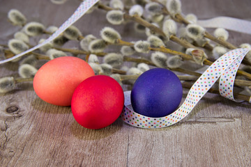 colorful Easter eggs with a sprig of willow