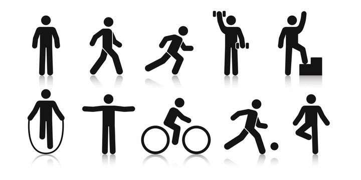 Stick figure sports. Posture stickman. People sport icons set. Man in different poses and positions, doing exercises. Black silhouette. Simple cute modern design. Flat style vector illustration.