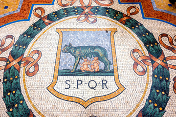 One of the mosaics on the floor of Vittorio Emanuele Gallery in Milan, representing Rome . - 265579369