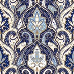 Indian paisley pattern vector seamless. Floral arabesque medallion motif print. Vintage flower ethnic ornament. Arabesque design for woman scarf, curtain textile, wallpaper, carpet, blanket. - 265579590