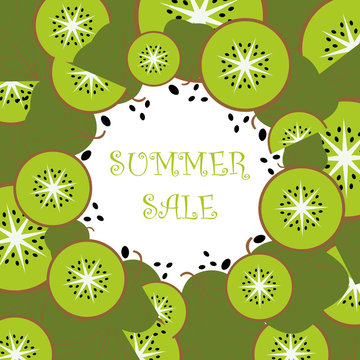 Cute card template with kiwi slices, leaves and seeds and a text sample. White background. Flat style illustration. Vector.