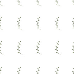 Cute seamless Scandinavian pattern with green branches with leaves. Pastel colours, white background, flat style vector illustration.