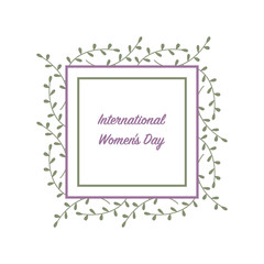 Romantic spring postcard template with a square green leaves frame and a text sample. Pastel colours. White background. Flat style vector illustration.