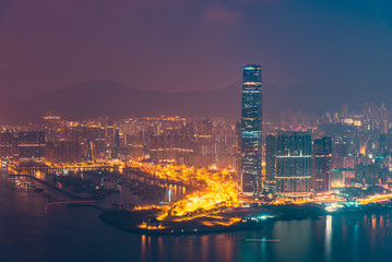 Beautiful cityscape view of hong kong skyline and victoria habour at night scene