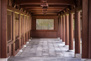 wood pavilion walkway in Chi Lin Nunnery, Hong Kong
