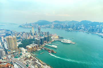 Cityscape view of Hong Kong Skyline and Victoria Harbor in morning