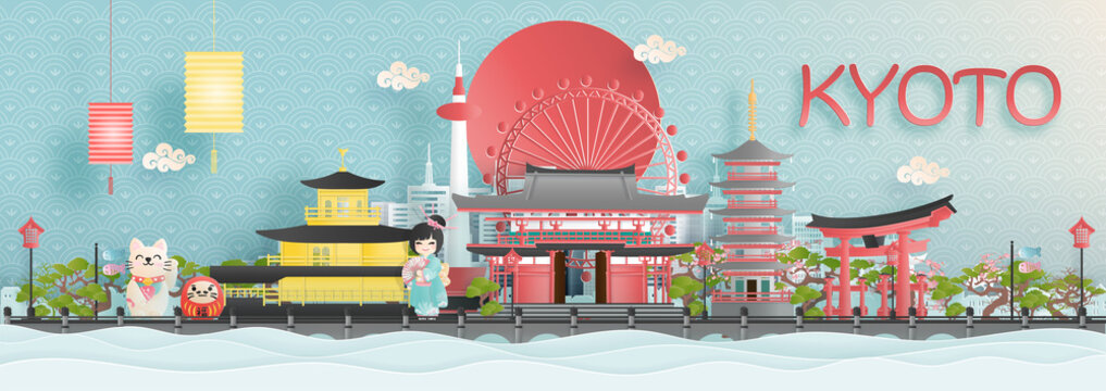 Panorama view of Kyoto city skyline with world famous landmarks of Japan in paper cut style vector illustration.