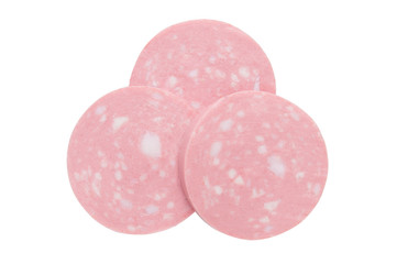 Top view of Sliced boiled ham sausage isolated on white background,