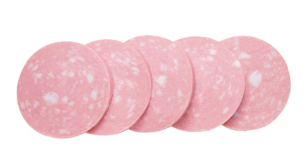 Top view of Sliced boiled ham sausage isolated on white background,