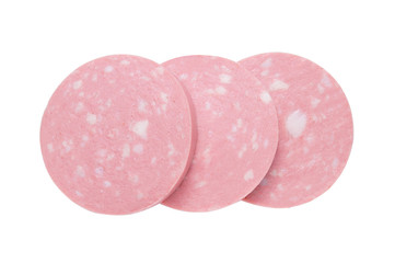 Top view of Sliced boiled ham sausage isolated on white background,