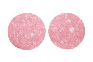 Top view of Sliced boiled ham sausage isolated on white background,
